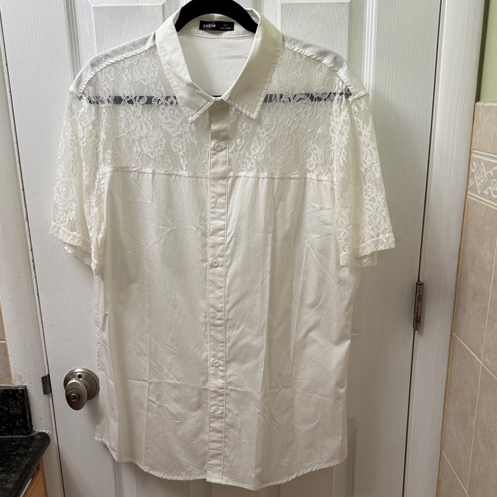 SHEIN White Lace Men's Casual Button Down Shirt